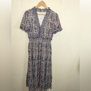 Max Mara Studio Floral Print Smocked Waist Midi Dress in Blue